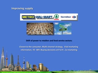 Shift of power to retailers and food service sectors: Closest to the consumer, Multi-channel strategy,  Vital marketing  information, 70 - 80% Buying decisions at P.O.P., Co-marketing Improving supply 