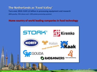 The Netherlands as ‘Food Valley’ Turn-over 2010: EUR 3,3 billion in processing equipment and research (80% poultry, 70% cheese and > 50% potato processing systems) Home country of world leading companies in food technology 