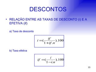DESCONTOS RELAÇÃO ENTRE AS TAXAS DE DESCONTO (i) E A EFETIVA (if) a) Taxa de desconto b) Taxa efetiva 