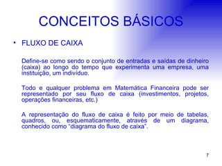 CONCEITOS BÁSICOS FLUXO DE CAIXA Define-se como sendo o conjunto de entradas e saídas de dinheiro (caixa) ao longo do tempo que experimenta uma empresa, uma instituição, um indivíduo. Todo e qualquer problema em Matemática Financeira pode ser representado por seu fluxo de caixa (investimentos, projetos, operações financeiras, etc.) A representação do fluxo de caixa é feito por meio de tabelas, quadros, ou, esquematicamente, através de um diagrama, conhecido como “diagrama do fluxo de caixa”. 