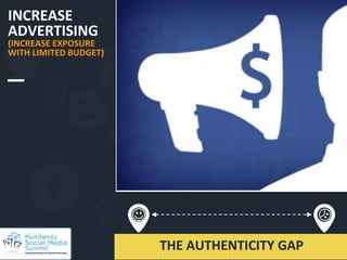 INCREASE
ADVERTISING
(INCREASE EXPOSURE
WITH LIMITED BUDGET)
@Nicole_Mintiens
#multifamilysms2017THE AUTHENTICITY GAP
 