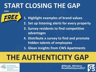 START CLOSING THE GAP
@Nicole_Mintiens
#multifamilysms2017
THE AUTHENTICITY GAP
1. Highlight examples of brand values
2. S...
