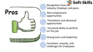 Pros
Recognition from the
industry, Employer and peers
New employment
opportunities
Promotions and advanced
opportunities
Increased ability to perform
on The job
Strong team and leadership
Incentives, rewards, and
challenges for Employees
 