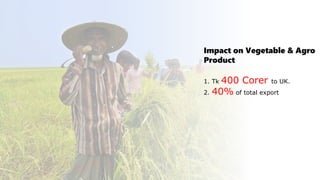 Impact on Vegetable & Agro
Product
1. Tk 400 Corer to UK.
2. 40% of total export
 