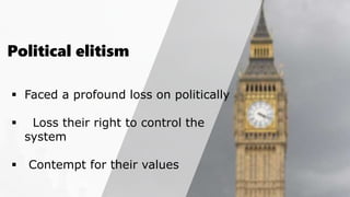 Political elitism
 Faced a profound loss on politically
 Loss their right to control the
system
 Contempt for their values
 