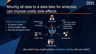 Today’s challenges
1. Currency of data
2. Time to realize value
3. Security and governance
Warehouses
ODS
Datamarts
Call center
Data scientist
Social/publicMobile, chat
z/OS
• DB2, IMS, VSAM
• Transaction data
• History data
• Warehouses
Moving all data to a data lake for analytics
can impose costly side-effects
… But what if you could achieve analytics agility with your data?
21
 