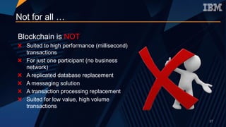 Blockchain is NOT
Suited to high performance (millisecond)
transactions
For just one participant (no business
network)
A replicated database replacement
A messaging solution
A transaction processing replacement
Suited for low value, high volume
transactions
Not for all …
27
 