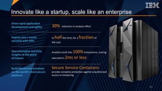 Innovate like a startup, scale like an enterprise
Drive	rapid	application	
development	and	agility
Expose	core	z	assets	
securely	with	APIs
Operationalize	real	time	
insights	at	the	point	
of	impact
Build	blockchain	solutions	
on	the	world’s	most	secure	
platform
30% reduction	in	analysis	effort
In	halfthe	time,	for	a	fractionof	
the	cost
Analytics	built	into	100%transactions,	scoring	
executed	in	2ms	or	less
Secure	Service	Containers
provide	complete	protection	against	unauthorized	
access	or	tampering
30
 