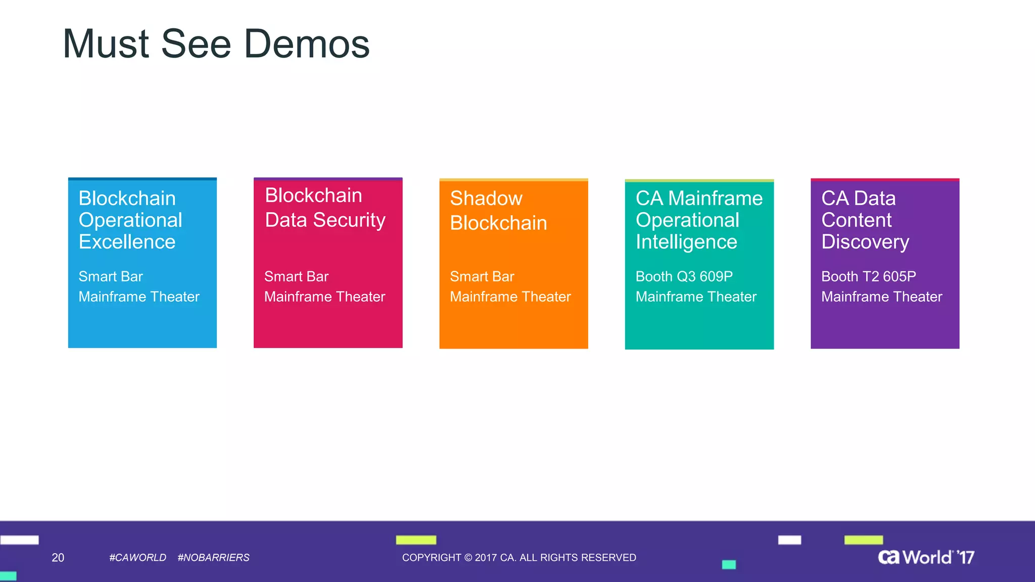 20 COPYRIGHT © 2017 CA. ALL RIGHTS RESERVED#CAWORLD #NOBARRIERS
Must See Demos
Blockchain
Operational
Excellence
Smart Bar
Mainframe Theater
Smart Bar
Mainframe Theater
Shadow
Blockchain
Smart Bar
Mainframe Theater
CA Mainframe
Operational
Intelligence
Booth Q3 609P
Mainframe Theater
CA Data
Content
Discovery
Booth T2 605P
Mainframe Theater
Blockchain
Data Security
 