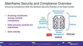 8 COPYRIGHT © 2017 CA. ALL RIGHTS RESERVED#CAWORLD #NOBARRIERS
Mainframe Security and Compliance Overview
Ensuring Compliance With the Strictest Security Policies in the Data Center
Data Security &
Compliance
• Evolving mainframe
access control
compliance
• Data security controls for
mainframe
• User activity
Identity &
Access
Management
User
Activity
Monitoring
& Alerting
Auditing
Cleanup
PIV/CAC
RADIUS
 