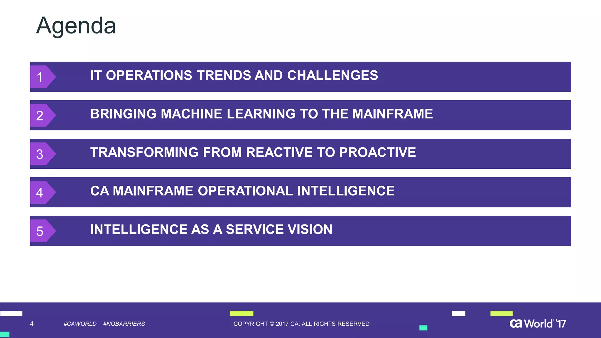 4 COPYRIGHT © 2017 CA. ALL RIGHTS RESERVED#CAWORLD #NOBARRIERS
Agenda
IT OPERATIONS TRENDS AND CHALLENGES
BRINGING MACHINE LEARNING TO THE MAINFRAME
TRANSFORMING FROM REACTIVE TO PROACTIVE
CA MAINFRAME OPERATIONAL INTELLIGENCE
INTELLIGENCE AS A SERVICE VISION
1
2
3
4
5
 