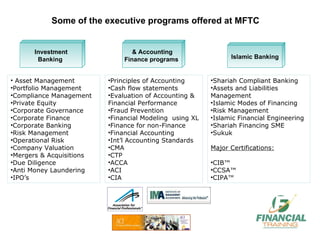 Asset Management Portfolio Management Compliance Management Private Equity Corporate Governance Corporate Finance Corporate Banking Risk Management Operational Risk Company Valuation Mergers & Acquisitions Due Diligence Anti Money Laundering IPO’s Principles of Accounting  Cash flow statements Evaluation of Accounting & Financial Performance Fraud Prevention Financial Modeling  using XL Finance for non-Finance Financial Accounting Int’l Accounting Standards CMA CTP ACCA ACI  CIA Shariah Compliant Banking Assets and Liabilities Management  Islamic Modes of Financing Risk Management Islamic Financial Engineering Shariah Financing SME Sukuk Major Certifications: CIB™ CCSA™ CIPA™ Investment Banking Some of the executive programs offered at MFTC Islamic Banking Accounting & Finance programs 