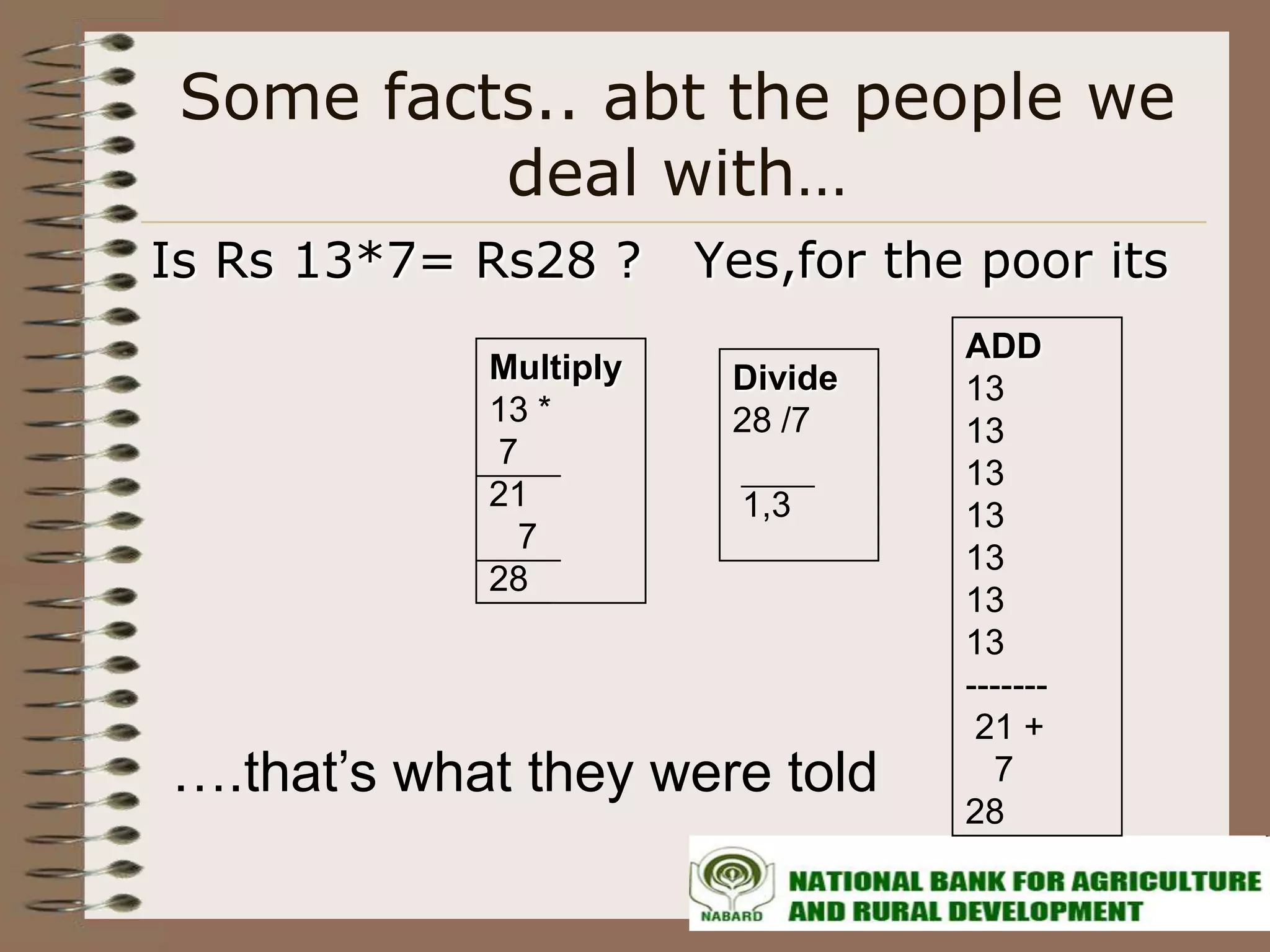 Some facts.. abt the people we
          deal with…
Is Rs 13*7= Rs28 ?     Yes,for the poor its
                                  ADD
            Multiply    Divide    13
            13 *        28 /7     13
            7
                                  13
            21           1,3      13
             7
                                  13
            28
                                  13
                                  13
                                  -------
                                   21 +
….that’s what they were told        7
                                  28
 