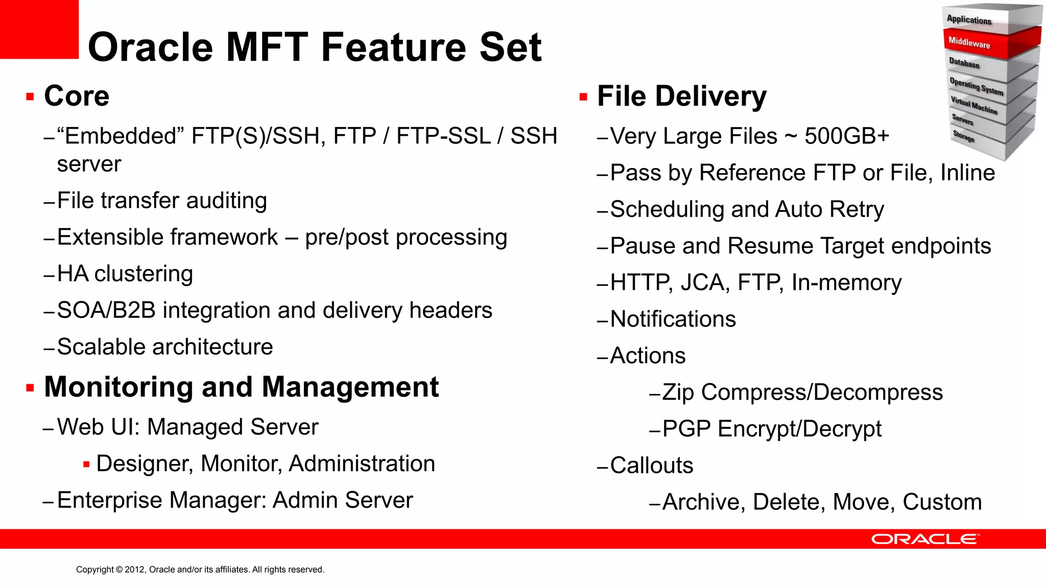 Oracle MFT Feature Set
 Core
– “Embedded” FTP(S)/SSH, FTP / FTP-SSL / SSH

server

 File Delivery
– Very Large Files ~ 500GB+

– Pass by Reference FTP or File, Inline

– File transfer auditing

– Scheduling and Auto Retry

– Extensible framework – pre/post processing

– Pause and Resume Target endpoints

– HA clustering

– HTTP, JCA, FTP, In-memory

– SOA/B2B integration and delivery headers

– Notifications

– Scalable architecture

– Actions

 Monitoring and Management
– Web UI: Managed Server
 Designer, Monitor, Administration
– Enterprise Manager: Admin Server

Copyright © 2012, Oracle and/or its affiliates. All rights reserved.

– Zip Compress/Decompress
– PGP Encrypt/Decrypt
– Callouts
– Archive, Delete, Move, Custom

 