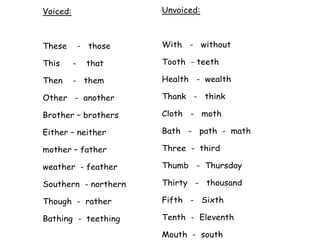 Voiced:
These - those
This - that
Then - them
Other - another
Brother – brothers
Either – neither
mother – father
weather - feather
Southern - northern
Though - rather
Bathing - teething
Unvoiced:
With - without
Tooth - teeth
Health - wealth
Thank - think
Cloth - moth
Bath - path - math
Three - third
Thumb - Thursday
Thirty - thousand
Fifth - Sixth
Tenth - Eleventh
Mouth - south
 