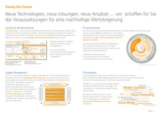 Facing the future

Neue Technologien, neue Lösungen, neue Ansätze … wir schaffen für Sie
die Voraussetzungen für eine nachhaltige Wertsteigerung
Services für die Versicherung                                                                          IT Transformation
Consumerization – das Comeback des individualisierten Produkts, Serviceorganisation, Pay per Value,    Der Aufbau eines kundenzentrischen Betriebsmodells ist ein großer Wandel für die Versicherungs-
Digitalisierung; Große Veränderungen finden in der Versicherungsbranche gerade statt, bei denen        branche. Er wird maßgeblich getragen von einem ebenso
metafinanz seinen Kunden zur Seite steht. Das sparten- bzw. produktorientierte Betriebsmodell stirbt   großen Wandel in der IT, weg von monolithischen Backend-
langsam aber sicher aus. Und das kundenzentrische Betriebsmodell nimmt Form an.                        Systemen hin zu agilen, serviceorientierten, internet-
                                                                                                       basierten Systemen.
						                                                           metafinanz adressiert im Betriebs-
						                                                           modell der Versicherungen die         Der Umbau des Betriebsmodells zieht deshalb auch
						                                                           Leistungsbereiche:                    einen Umbau der IT-Systeme nach sich. Diese IT
                                                                                                       Transformation setzen wir mit Ihnen zusammen nach
	 	 	 	 	 	                                                         • Insurance Operations             folgendem Schema erfolgreich um:
	 	 	 	 	 	                                                         • Customer & Channel Management
	 	 	 	 	 	                                                         • Risk, Compliance and Finance     • Alignment von Business und IT
						                                                                Management                       • ITIL als Blaupause für Ihre IT-Prozesse
                                                                                                       • Qualitätssicherung für die Transformation


                                                                                                                                                                                       Quelle: Copyright ITIL.org - Glenfis AG




Supplier Management                                                                                    IT Innovations
Die IT ist in der Versicherung einer der größten Kostenfaktoren. IT-Sourcing leistet daher einen       In einer digitalisierten Welt steigt die Bedeutung von Online-Kommunikation.
wesentlichen Beitrag zur nachhaltigen Wertsteigerung. Durch die Konzentration auf die                  Dieser sich beschleunigende Veränderungsprozess wird in den nächsten Jahren verstärkt
Kernkompetenzen werden Kosten reduziert und eine höhere Flexibilität und Qualität erreicht.            Einfluss auf Kundenbewegungen in der Versicherungsbranche haben.
Durch aktives, ganzheitliches Lieferanten-
management, ausgerichtet an den                                                                        Im Bereich IT Innovations greifen wir Hype-Themen
Business-Anforderungen unserer Kunden                                                                  der Informationstechnologie auf und zeigen, wie
und unter Berücksichtigung der gesetzlichen                                                            Unternehmen sich diese gewinnbringend zunutze
Richtlinien, erreichen wir nachweisliche                                                               machen können.
Kosteneinsparungen und Risikomini-                                                                     Wir bieten Ihnen Beratung, die nicht den
mierungen. Dabei behalten unsere Kunden                                                                Hype als solchen bedient, sondern das Ziel
zu jeder Zeit die Transparenz und Governance                                                           hat, IT-Innovationen für Ihr Geschäft zu
über ihre IT-Ressourcen.                                                                               nachhaltigen Wettbewerbsvorteilen
                                                                                                       auszubauen.
 