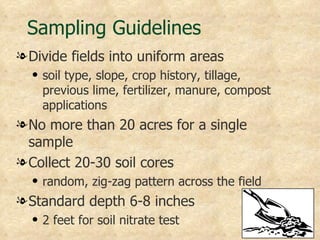 Sampling Guidelines
l Divide fields into uniform areas
  q   soil type, slope, crop history, tillage,
      previous lime, fertilizer, manure, compost
      applications
l No more than 20 acres for a single
  sample
l Collect 20-30 soil cores
  q   random, zig-zag pattern across the field
l Standard depth 6-8 inches
  q   2 feet for soil nitrate test
 