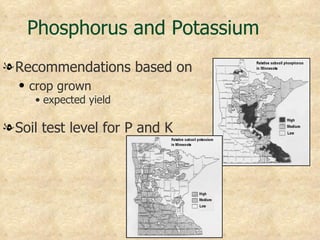 Phosphorus and Potassium
l Recommendations based on
  q   crop grown
      • expected yield

l Soil test level for P and K
 