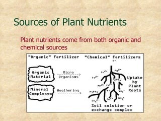 Sources of Plant Nutrients
 Plant nutrients come from both organic and
 chemical sources
 