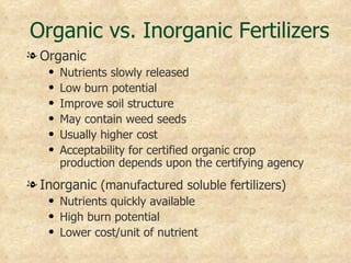 Organic vs. Inorganic Fertilizers
l Organic
   q   Nutrients slowly released
   q   Low burn potential
   q   Improve soil structure
   q   May contain weed seeds
   q   Usually higher cost
   q   Acceptability for certified organic crop
       production depends upon the certifying agency
l Inorganic (manufactured soluble fertilizers)
   q   Nutrients quickly available
   q   High burn potential
   q   Lower cost/unit of nutrient
 