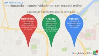 A ERA DA LOCALIZAÇÃO
direcionando a conectividade em um mundo móvel
Relevância:
info contextual
baseada na
proximidade do
outro usuário, local,
serviço, etc
Riqueza:
dimensional,
conhecimento
baseado em
localização e
entrega de dados
em real- time.
Pessoal:
info sobre a
localização de um
usuário e seus
arredores
Localização habilita três pilares principais:
 