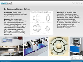 Geprüfte/-r Medienfachwirt/-in
                                                                              Freitag, 13. November 2009




        2.6 Schneiden, Stanzen, Bohren

        Schneiden: Trennen eines                   Bohren ist ein Verfahren, das in
        Werkstoffs oder Abtrennen von Teilen       industriellen Buchbindereien zum
        eines Werkstücks                           Einsatz kommt und dazu dient, große
                                                   Mengen von Papier in Form von losen
        Stanzen: Das Stanzen ist ein               Blättern oder gebundenen und
        Trennverfahren. Es ist zur Herstellung     gehefteten Broschüren mit Löchern
        von Faltschachteln,Verpackungen,           zu versehen. Die Löcher dienen in der
        Displays, Etiketten, Beuteln u. ä. nicht   Regel der Aufbewahrung und
        rechtwinklig aus dem Druckbogen zu         Befestigung (Abheften), seltener
        schneidender Produkte erforderlich.        dekorativen Zwecken.
        Das Material wird an gestanzten
        Stellen so getrennt, daß der größte
        Teil durch die Stanzlinie vollständig
        getrennt wird.




                                                                         Objekt                ab Seite

                                                                         Kompendium:             586

                                                                         IHK Textband:           122


© 2003 - 2009 Jörg Friedrich                                             http://www.booklet83.com
 