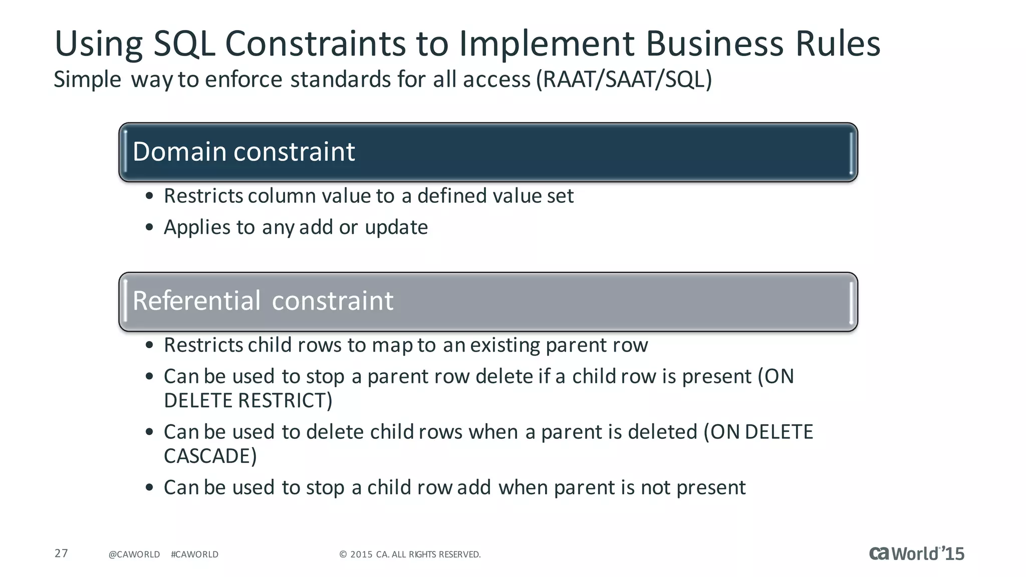 27 ©	2015	CA.	ALL	RIGHTS	RESERVED.@CAWORLD #CAWORLD
Using	SQL	Constraints	to	Implement	Business	Rules
Simple	way	to	enforce	standards	for	all	access	(RAAT/SAAT/SQL)
Domain	constraint
• Restricts	column	value	to	a	defined	value	set
• Applies	to	any	add	or	update
Referential	constraint
• Restricts	child	rows	to	map	to	an	existing	parent	row
• Can	be	used	to	stop	a	parent	row	delete	if	a	child	row	is	present	(ON	
DELETE	RESTRICT)	
• Can	be	used	to	delete	child	rows	when	a	parent	is	deleted	(ON	DELETE	
CASCADE)
• Can	be	used	to	stop	a	child	row	add	when	parent	is	not	present
 