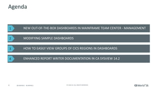 4 ©	2016	CA.	ALL	RIGHTS	RESERVED.@CAWORLD				#CAWORLD
Agenda
NEW	OUT-OF-THE-BOX	DASHBOARDS	IN	MAINFRAME	TEAM	CENTER	- MANAGEMENT
MODIFYING	SAMPLE	DASHBOARDS	
HOW	TO	EASILY	VIEW	GROUPS	OF	CICS	REGIONS	IN	DASHBOARDS
1
2
3
ENHANCED	REPORT	WRITER	DOCUMENTATION	IN	CA SYSVIEW	14.24
 