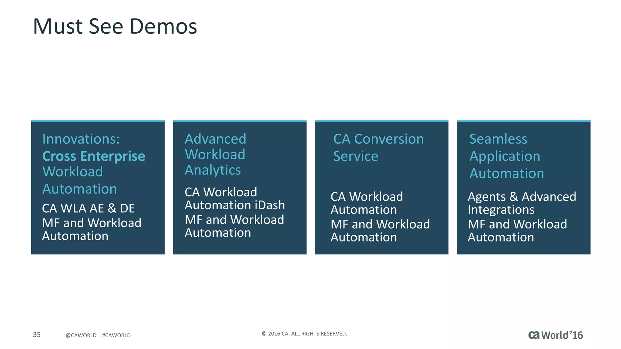 35 ©	2016	CA.	ALL	RIGHTS	RESERVED.@CAWORLD				#CAWORLD
Must	See	Demos
CA	Conversion	
Service	
CA	Workload	
Automation
MF	and	Workload	
Automation
Seamless	
Application
Automation
Agents	&	Advanced	
Integrations
MF	and	Workload	
Automation
Advanced
Workload
Analytics	
CA	Workload	
Automation	iDash
MF	and	Workload	
Automation
Innovations:	
Cross	Enterprise	
Workload	
Automation
CA	WLA	AE	&	DE
MF	and	Workload	
Automation
 
