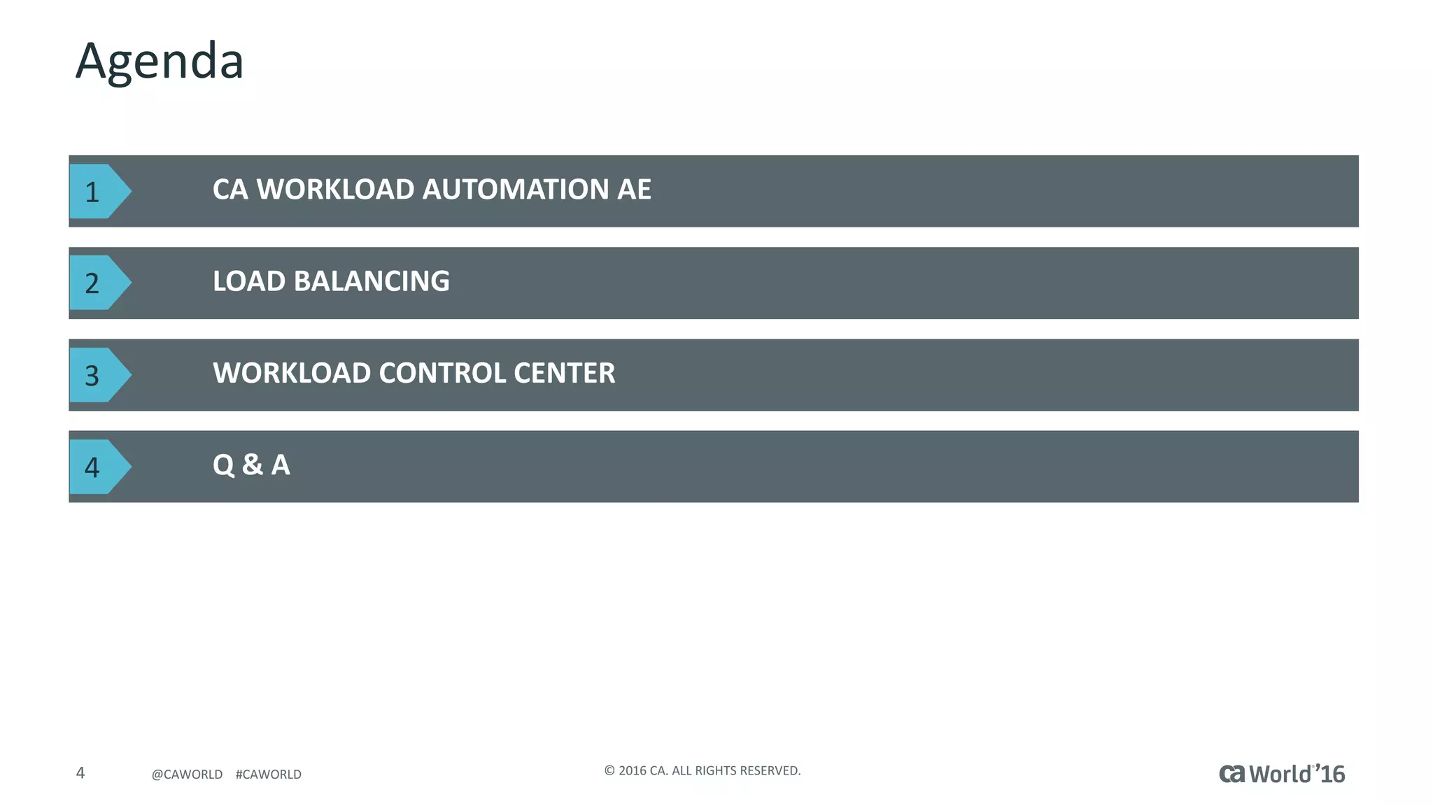 4 ©	2016	CA.	ALL	RIGHTS	RESERVED.@CAWORLD				#CAWORLD
Agenda
CA	WORKLOAD	AUTOMATION	AE
LOAD	BALANCING
WORKLOAD	CONTROL	CENTER
Q	&	A
1
2
3
4
 