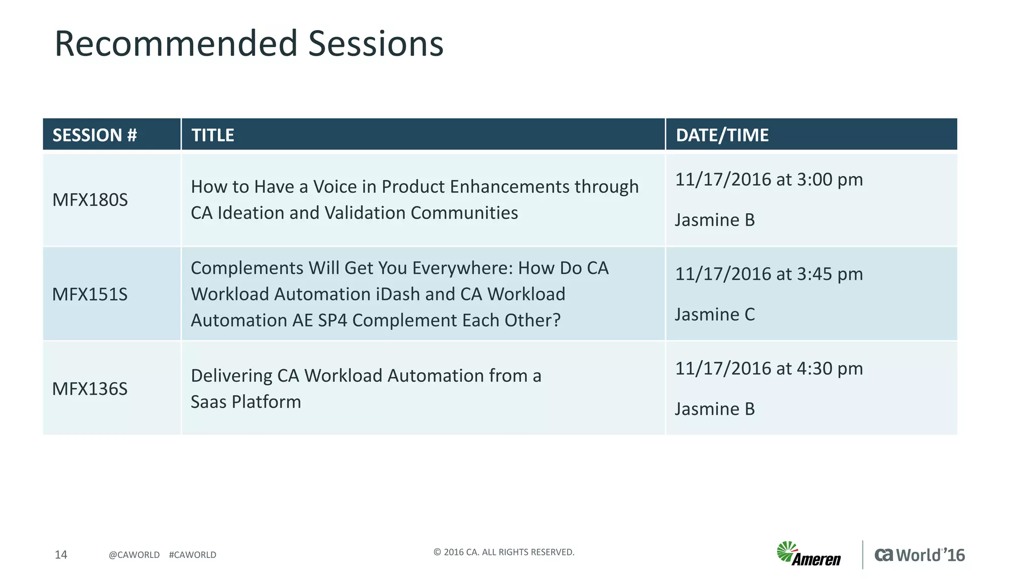 14 ©	2016	CA.	ALL	RIGHTS	RESERVED.@CAWORLD				#CAWORLD
Recommended	Sessions
SESSION	# TITLE DATE/TIME
MFX180S	
How	to	Have	a	Voice	in	Product	Enhancements	through	
CA	Ideation	and	Validation	Communities
11/17/2016	at	3:00	pm
Jasmine	B
MFX151S
Complements	Will	Get	You	Everywhere:	How	Do	CA	
Workload	Automation	iDash and	CA	Workload	
Automation	AE	SP4	Complement	Each	Other?
11/17/2016	at	3:45	pm
Jasmine	C
MFX136S
Delivering	CA	Workload	Automation	from	a	
Saas Platform
11/17/2016	at	4:30	pm
Jasmine	B
 