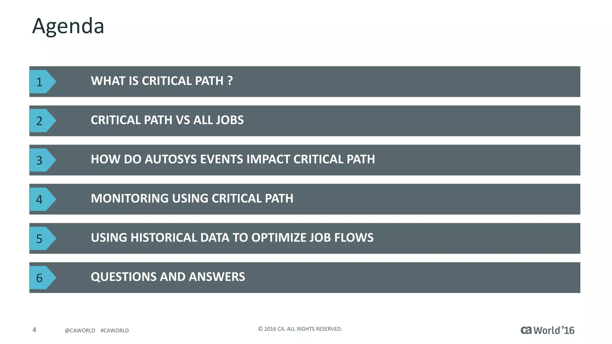 4 ©	2016	CA.	ALL	RIGHTS	RESERVED.@CAWORLD				#CAWORLD
Agenda
WHAT	IS	CRITICAL	PATH	?
CRITICAL	PATH	VS	ALL	JOBS	
QUESTIONS	AND	ANSWERS
HOW	DO	AUTOSYS EVENTS	IMPACT	CRITICAL	PATH
MONITORING	USING	CRITICAL	PATH
USING	HISTORICAL	DATA	TO	OPTIMIZE	JOB	FLOWS
1
2
3
4
5
6
 