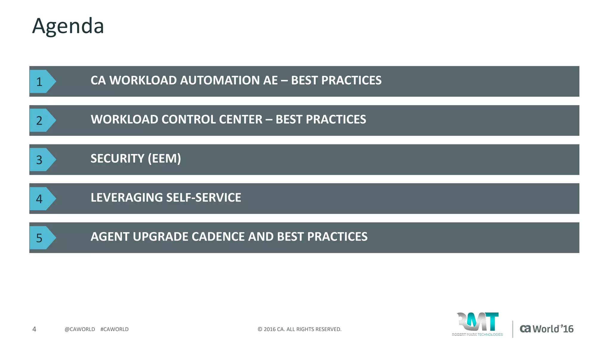 4 ©	2016	CA.	ALL	RIGHTS	RESERVED.@CAWORLD				#CAWORLD
Agenda
CA	WORKLOAD	AUTOMATION	AE	– BEST	PRACTICES
WORKLOAD	CONTROL	CENTER	– BEST	PRACTICES
SECURITY	(EEM)
LEVERAGING	SELF-SERVICE	
AGENT	UPGRADE	CADENCE	AND	BEST	PRACTICES
1
2
3
4
5
 