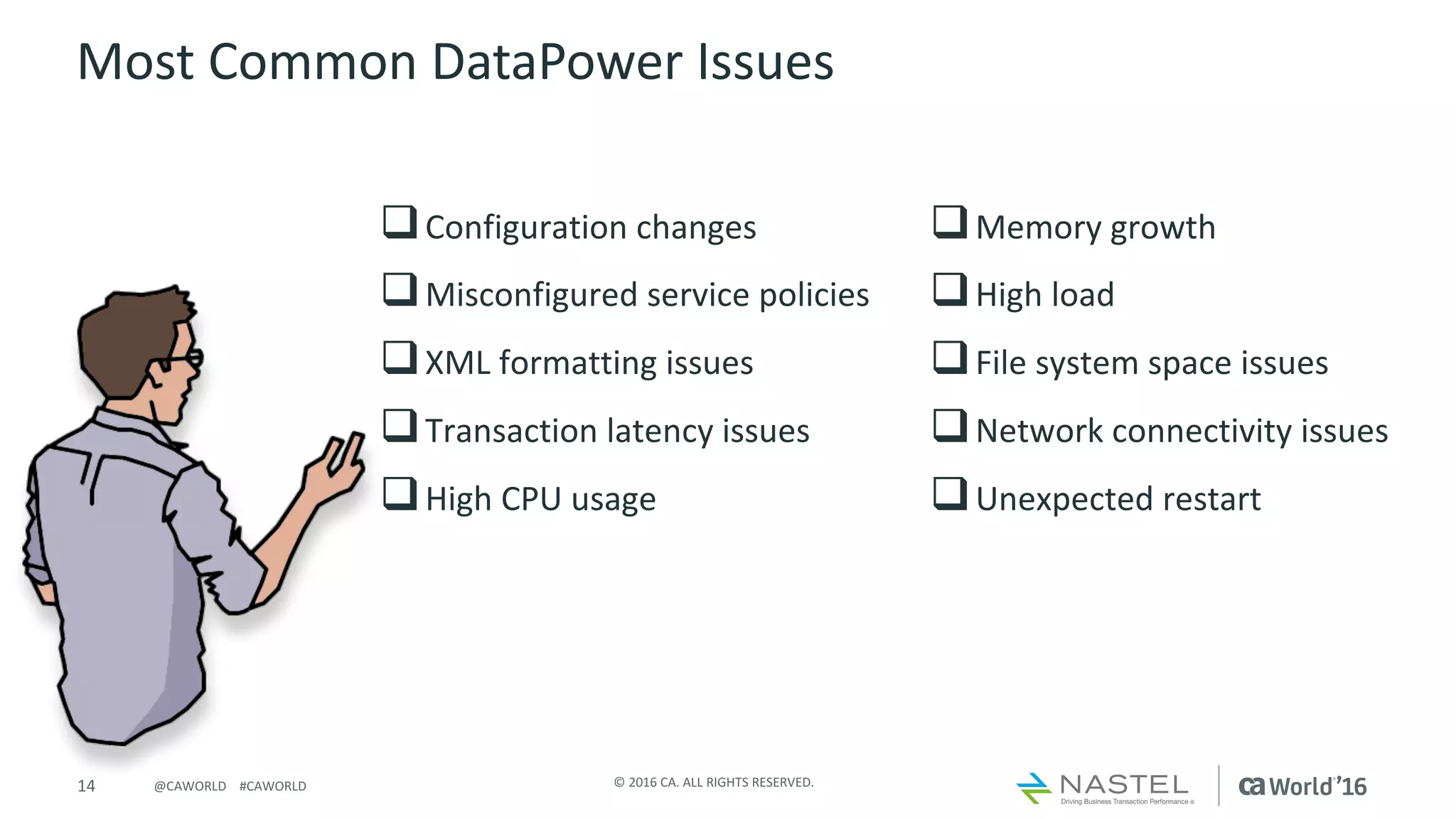 14 ©	2016	CA.	ALL	RIGHTS	RESERVED.@CAWORLD				#CAWORLD
Most	Common	DataPower	Issues
qConfiguration	changes
qMisconfigured	service	policies
qXML	formatting	issues
qTransaction	latency	issues
qHigh	CPU	usage
qMemory	growth
qHigh	load
qFile	system	space	issues
qNetwork	connectivity	issues
qUnexpected	restart
 