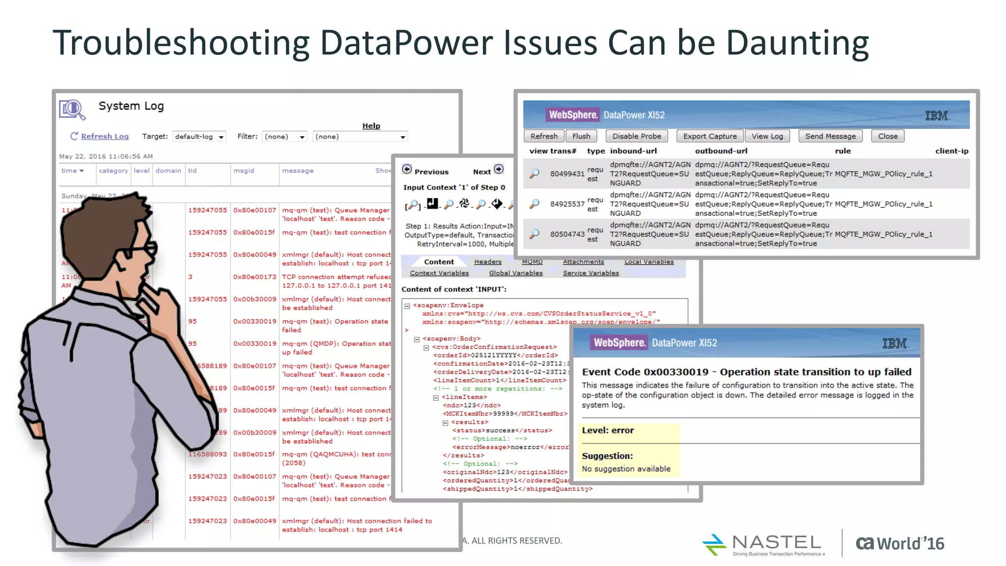 16 ©	2016	CA.	ALL	RIGHTS	RESERVED.@CAWORLD				#CAWORLD
Troubleshooting	DataPower	Issues	Can	be	Daunting
 