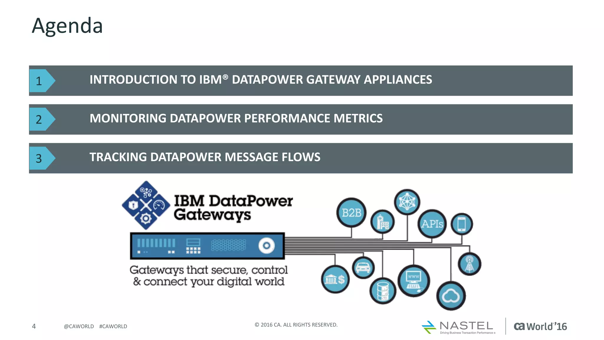 4 ©	2016	CA.	ALL	RIGHTS	RESERVED.@CAWORLD				#CAWORLD
Agenda
INTRODUCTION	TO	IBM®	DATAPOWER GATEWAY	APPLIANCES
MONITORING	DATAPOWER PERFORMANCE	METRICS
TRACKING	DATAPOWER MESSAGE	FLOWS
1
2
3
 
