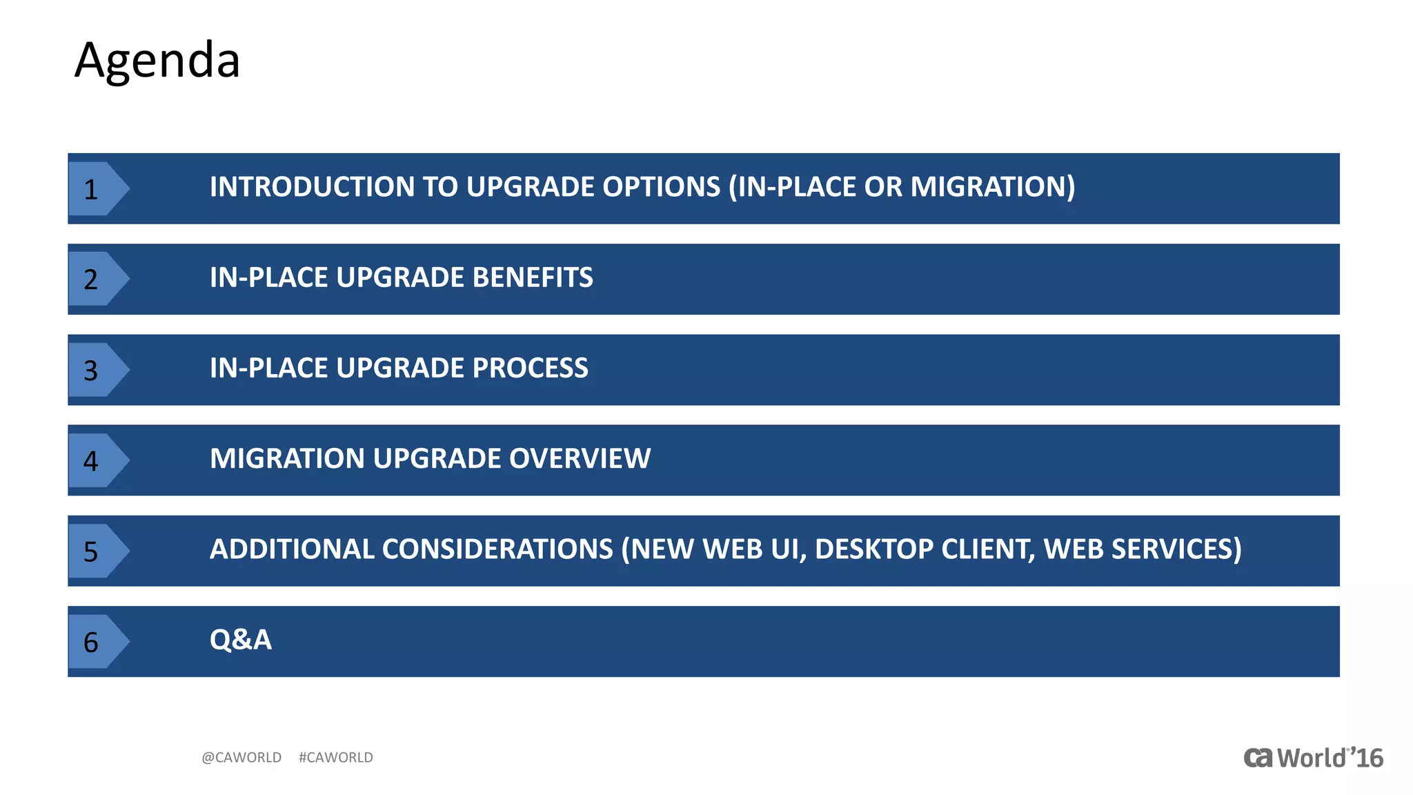@CAWORLD					#CAWORLD
Agenda
INTRODUCTION	TO	UPGRADE	OPTIONS	(IN-PLACE	OR	MIGRATION)
IN-PLACE	UPGRADE	BENEFITS
Q&A
IN-PLACE	UPGRADE	PROCESS
MIGRATION	UPGRADE	OVERVIEW
ADDITIONAL	CONSIDERATIONS	(NEW	WEB	UI,	DESKTOP	CLIENT,	WEB	SERVICES)
1
2
3
4
5
6
 