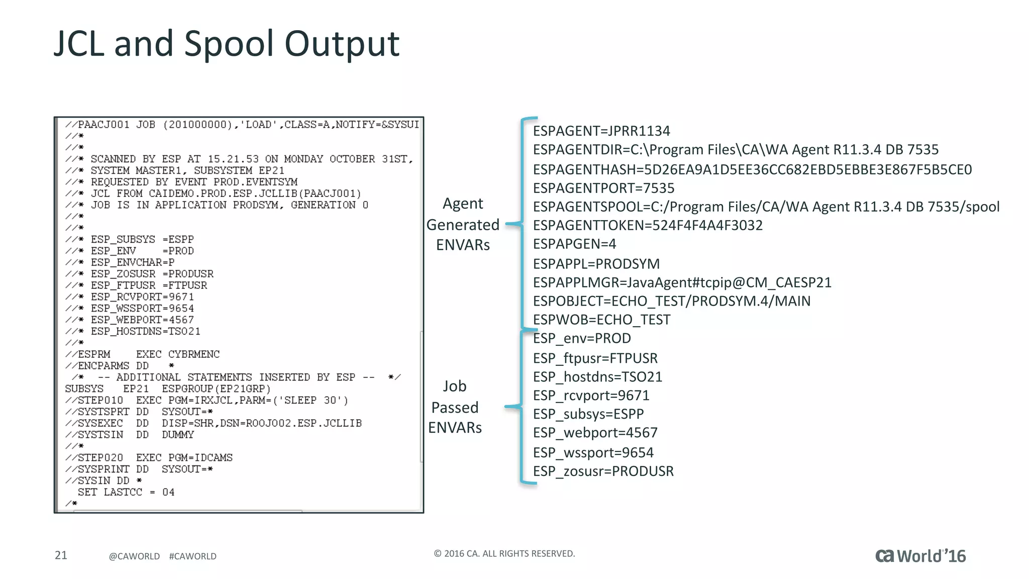 21 ©	2016	CA.	ALL	RIGHTS	RESERVED.@CAWORLD				#CAWORLD
JCL	and	Spool	Output
ESPAGENT=JPRR1134
ESPAGENTDIR=C:Program	FilesCAWA	Agent	R11.3.4	DB	7535
ESPAGENTHASH=5D26EA9A1D5EE36CC682EBD5EBBE3E867F5B5CE0
ESPAGENTPORT=7535
ESPAGENTSPOOL=C:/Program	Files/CA/WA	Agent	R11.3.4	DB	7535/spool
ESPAGENTTOKEN=524F4F4A4F3032
ESPAPGEN=4
ESPAPPL=PRODSYM
ESPAPPLMGR=JavaAgent#tcpip@CM_CAESP21
ESPOBJECT=ECHO_TEST/PRODSYM.4/MAIN
ESPWOB=ECHO_TEST
ESP_env=PROD
ESP_ftpusr=FTPUSR
ESP_hostdns=TSO21
ESP_rcvport=9671
ESP_subsys=ESPP
ESP_webport=4567
ESP_wssport=9654
ESP_zosusr=PRODUSR
Agent
Generated
ENVARs
Job
Passed
ENVARs
 