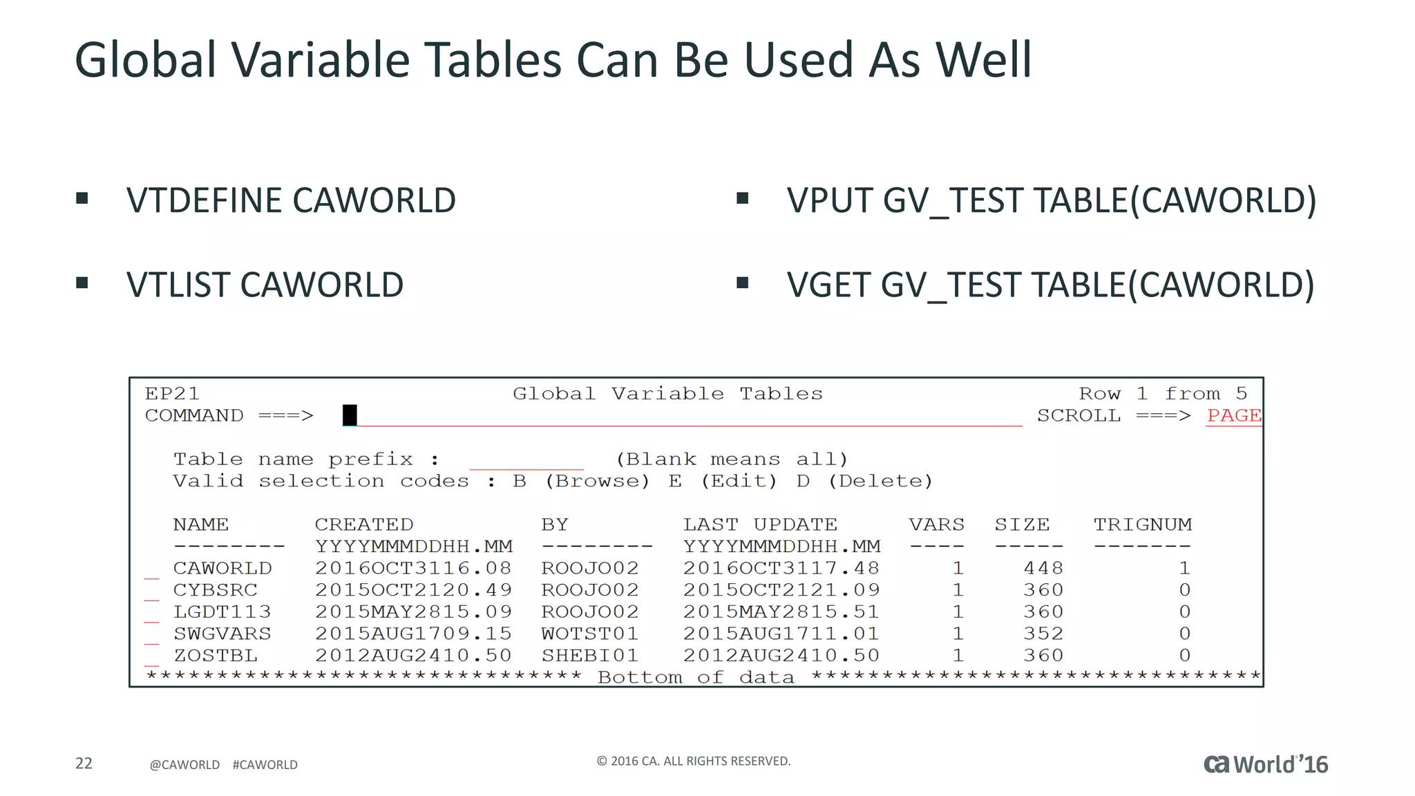 22 ©	2016	CA.	ALL	RIGHTS	RESERVED.@CAWORLD				#CAWORLD
Global	Variable	Tables	Can	Be	Used	As	Well	
§ VTDEFINE	CAWORLD
§ VTLIST	CAWORLD
§ VPUT	GV_TEST	TABLE(CAWORLD)
§ VGET	GV_TEST	TABLE(CAWORLD)
 