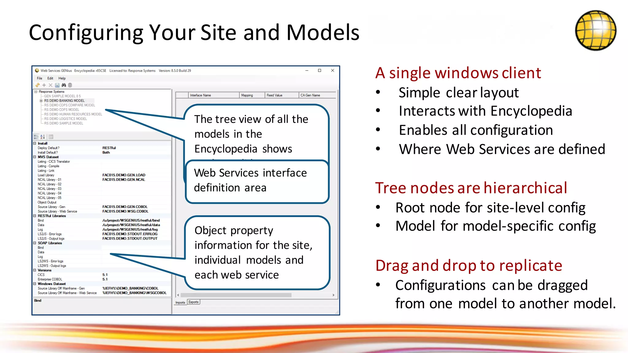 Configuring	Your	Site	and	Models
A	single	windows	client
• Simple	clear	layout
• Interacts	with	Encyclopedia
• Enables	all	configuration
• Where	Web	Services	are	defined
Tree	nodes	are	hierarchical
• Root	node	for	site-level	config
• Model	for	model-specific	config
Drag	and	drop	to	replicate
• Configurations	 can	be	dragged	
from	one	model	to	another	model.
The	tree	view	of	all	the	
models	in	the	
Encyclopedia	shows	
each	candidate	Pstep
and	Action	Block
Object	property	
information	for	the	site,	
individual	 models	and	
each	web	service
Web	Services	interface
definition	area
 