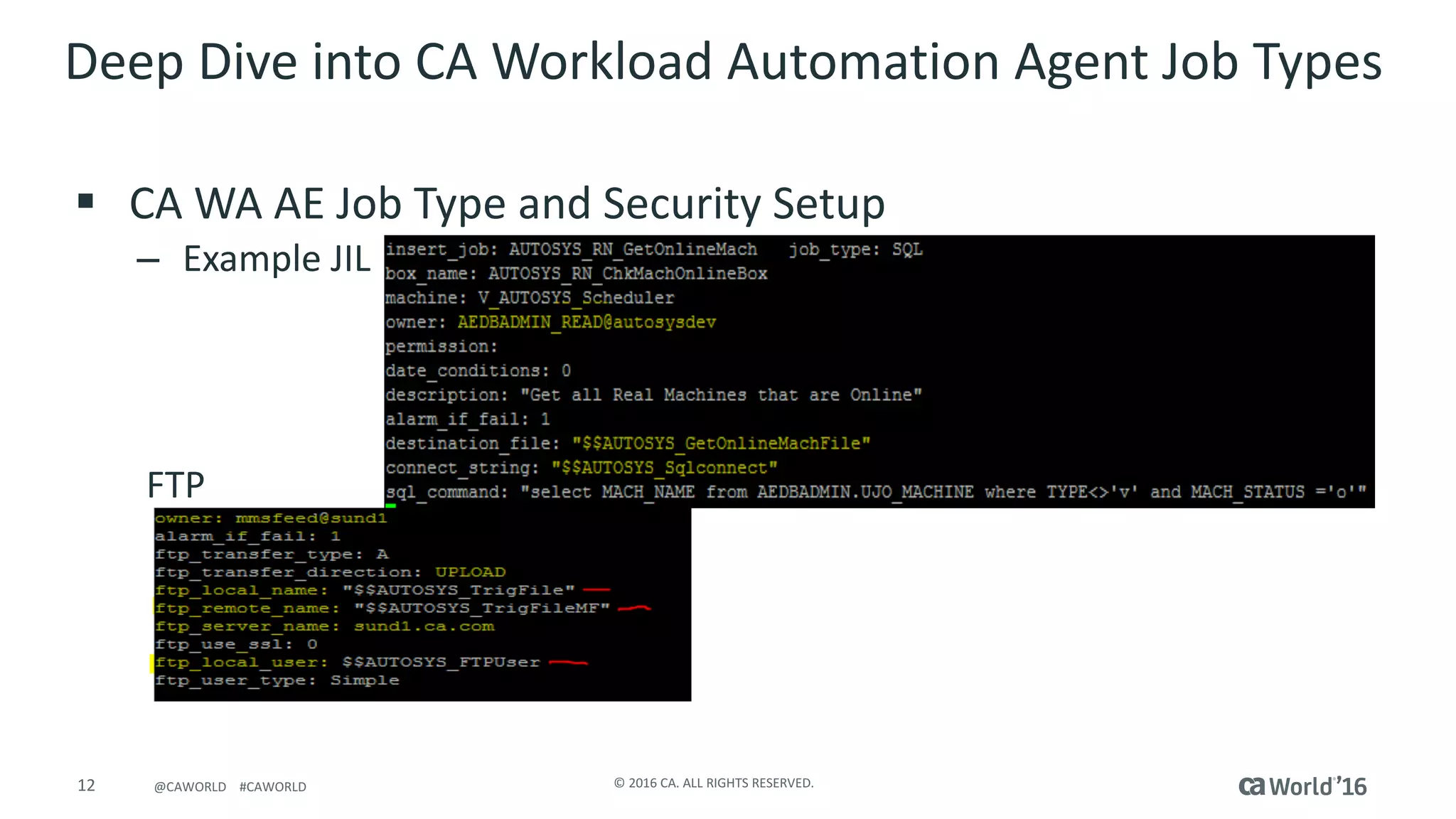 12 ©	2016	CA.	ALL	RIGHTS	RESERVED.@CAWORLD				#CAWORLD
Deep	Dive	into	CA	Workload	Automation	Agent	Job	Types	
§ CA	WA	AE	Job	Type	and	Security	Setup
– Example	JIL
FTP
 