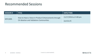 5 ©	2016	CA.	ALL	RIGHTS	RESERVED.@CAWORLD				#CAWORLD
Recommended	Sessions
SESSION	# TITLE DATE/TIME
MFX180S
How	to	Have	a	Voice	in	Product	Enhancements	through	
CA	Ideation	and	Validation	Communities
11/17/2016	at	3:00	pm
Jasmine	B
 