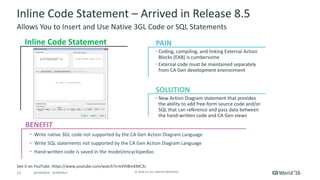12 ©	2016	CA.	ALL	RIGHTS	RESERVED.@CAWORLD				#CAWORLD
Inline	Code	Statement	– Arrived	in	Release	8.5
Allows	You	to	Insert	and	Use	Native	3GL	Code	or	SQL	Statements
BENEFIT
Inline	Code	Statement
• Coding,	compiling,	and	linking	External	Action	
Blocks	(EAB)	is	cumbersome
• External	code	must	be	maintained	separately	
from	CA	Gen	development	environment
• New	Action	Diagram	statement	that	provides	
the	ability	to	add	free-form	source	code	and/or	
SQL	that	can	reference	and	pass	data	between	
the	hand-written	code	and	CA	Gen	views		
• Write	native	3GL	code	not	supported	by	the	CA	Gen	Action	Diagram	Language
• Write	SQL	statements	not	supported	by	the	CA	Gen	Action	Diagram	Language
• Hand-written	code	is	saved	in	the	model/encyclopedias
PAIN
SOLUTION
See	it	on	YouTube:	https://www.youtube.com/watch?v=kVlHBmKMC3c
 