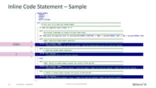 13 ©	2016	CA.	ALL	RIGHTS	RESERVED.@CAWORLD				#CAWORLD
Inline	Code	Statement	– Sample
COBOL
C
 