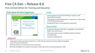 16 ©	2016	CA.	ALL	RIGHTS	RESERVED.@CAWORLD				#CAWORLD
Free	CA	Gen	– Release	8.6
Free	Limited	Edition	for	Training	and	Education
BENEFIT
Train	New	CA	Gen	Engineers
• Learning	about	new	CA	Gen	Releases	requires	a	full	
download	and	install	
• Training	New	CA	Gen	Developers	is	expensive	as	they	need	
a	full	Commercial	License
• Installing	CA	Gen	in	Training	Rooms	expensive	
• A	new	Free	Version	of	CA	Gen	is	available	on	the	CA	Gen	
EDGE	User	Community	
• This	new	version	can	be	installed	anywhere	without	
licensing	costs	
• Installs	on	Windows	PC	
• Experiment	with	new	CA	Gen	features	in	a	safe	and	secured	environment	without	changing	
your	primary	development	
• Training	centers	can	now	have	access	to	CA	Gen	
• Removes	Roadblock	for	anyone	interested	in	learning	CA	Gen	and	improving	their	skills	
PAIN
SOLUTION
 