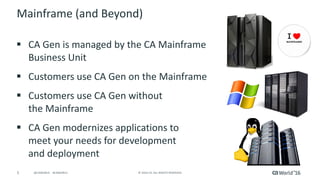 5 ©	2016	CA.	ALL	RIGHTS	RESERVED.@CAWORLD				#CAWORLD
Mainframe	(and	Beyond)
§ CA	Gen	is	managed	by	the	CA	Mainframe	
Business	Unit
§ Customers	use	CA	Gen	on	the	Mainframe
§ Customers	use	CA	Gen	without	
the	Mainframe	
§ CA	Gen	modernizes	applications	to	
meet	your	needs	for	development	
and	deployment
 
