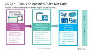 7 ©	2016	CA.	ALL	RIGHTS	RESERVED.@CAWORLD				#CAWORLD
CA	Gen	– Focus	on	Business	Rules	Not	Code
Model-Driven	Development	for	Enterprise	Applications
Integrated	
Modeling
Environment
• Design	changes	
occur	in	the	model,	
not	in	the	code
• Quickly	adapt	to	
business	
opportunities
Repository	and
Automated	Code	
Generators
• Increase	developer	
productivity
• Reduce	
maintenance	costs
• Increase	application	
quality
Flexible	
Application
Deployment
• Deploy	across	a	
variety	of	platforms	
and	architectures
• Change	platform	
without	rewriting	
code
R
u
n
A
n
y
w
h
e
r
e
 