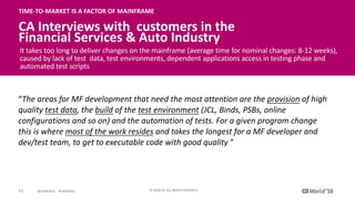11 ©	2016	CA.	ALL	RIGHTS	RESERVED.@CAWORLD				#CAWORLD
TIME-TO-MARKET	IS	A	FACTOR	OF	MAINFRAME
CA	Interviews	with		customers	in	the	
Financial	Services	&	Auto	Industry
“The	areas	for	MF	development	that	need	the	most	attention	are	the	provision of	high	
quality	test	data,	the	build of	the	test	environment (JCL,	Binds,	PSBs,	online	
configurations	and	so	on)	and	the	automation	of	tests.	For	a	given	program	change	
this	is	where	most	of	the	work	resides and	takes	the	longest	for	a	MF	developer	and	
dev/test	team,	to	get	to	executable	code	with	good	quality	”
It	takes	too	long	to	deliver	changes	on	the	mainframe	(average	time	for	nominal	changes:	8-12	weeks),	
caused	by	lack	of	test		data,	test	environments,	dependent	applications	access	in	testing	phase	and	
automated	test	scripts	
 