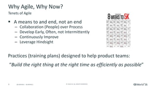 6 ©	2016	CA.	ALL	RIGHTS	RESERVED.@CAWORLD				#CAWORLD
Why	Agile,	Why	Now?
§ A	means	to	and	end,	not	an	end
– Collaboration	(People)	over	Process
– Develop	Early,	Often,	not	Intermittently
– Continuously	Improve
– Leverage	Hindsight
Practices	(training	plans)	designed	to	help	product	teams:	
“Build	the	right	thing	at	the	right	time	as	efficiently	as	possible”
Tenets	of	Agile
 