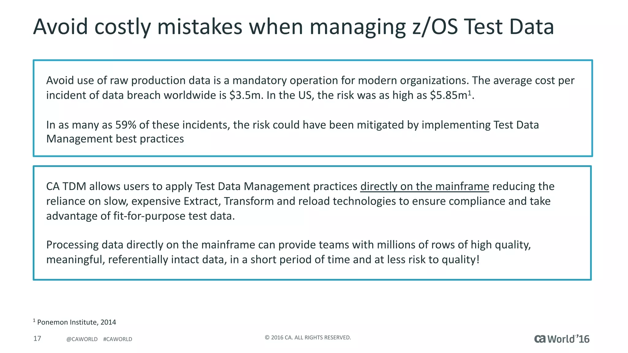17 ©	2016	CA.	ALL	RIGHTS	RESERVED.@CAWORLD				#CAWORLD
Avoid	costly	mistakes	when	managing	z/OS	Test	Data
Avoid	use	of	raw	production	data	is	a	mandatory	operation	for	modern	organizations.	The	average	cost	per	
incident	of	data	breach	worldwide	is	$3.5m.	In	the	US,	the	risk	was	as	high	as	$5.85m1.	
In	as	many	as	59%	of	these	incidents,	the	risk	could	have	been	mitigated	by	implementing	Test	Data	
Management	best	practices
1
Ponemon Institute,	2014
CA	TDM	allows	users	to	apply	Test	Data	Management	practices	directly	on	the	mainframe reducing	the	
reliance	on	slow,	expensive	Extract,	Transform	and	reload	technologies	to	ensure compliance	and	take	
advantage	of	fit-for-purpose	test	data.	
Processing	data	directly	on	the	mainframe can	provide	teams	with	millions	of	rows	of	high	quality,	
meaningful,	referentially	intact	data,	in	a	short	period	of	time	and	at	less	risk	to	quality!
 